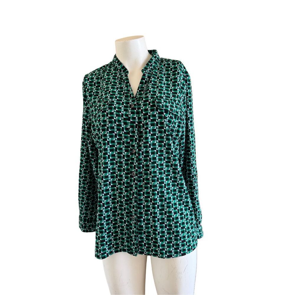 Notations L women’s green black dressy blouse long sleeve shirt diamond